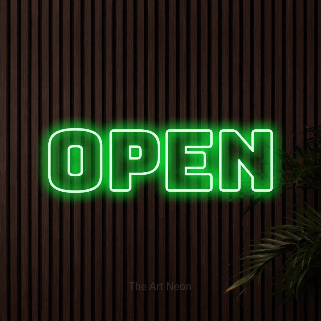 LED neon sign reading “Open”, arranged in a single line.
