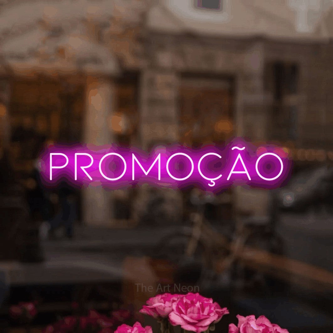 LED neon sign reading “Promoção”, arranged in a single line.