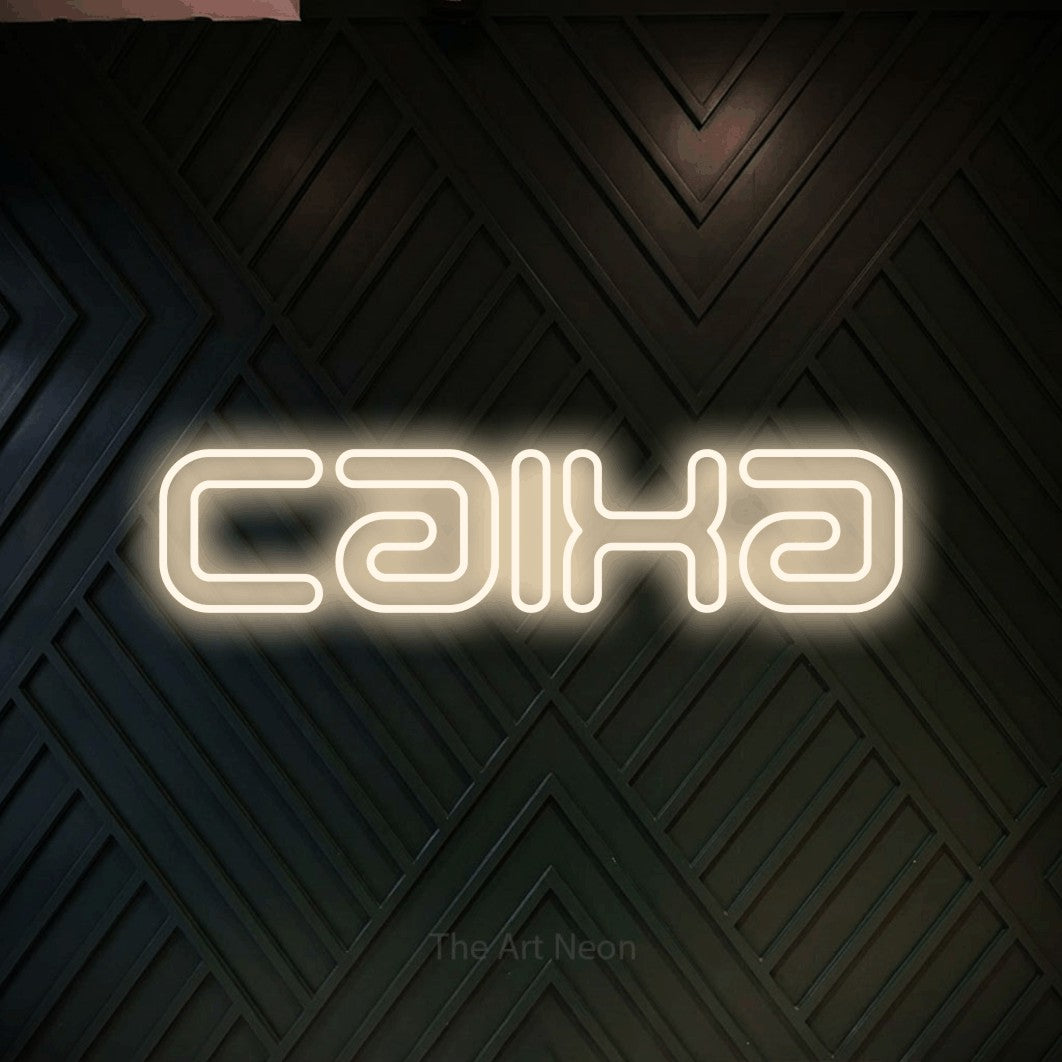 LED neon sign reading “Caixa”, arranged in a single line.