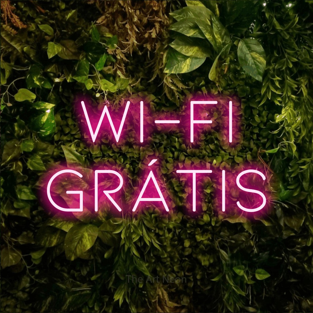 LED neon sign reading “Wi-Fi Grátis”, arranged in 2 lines.