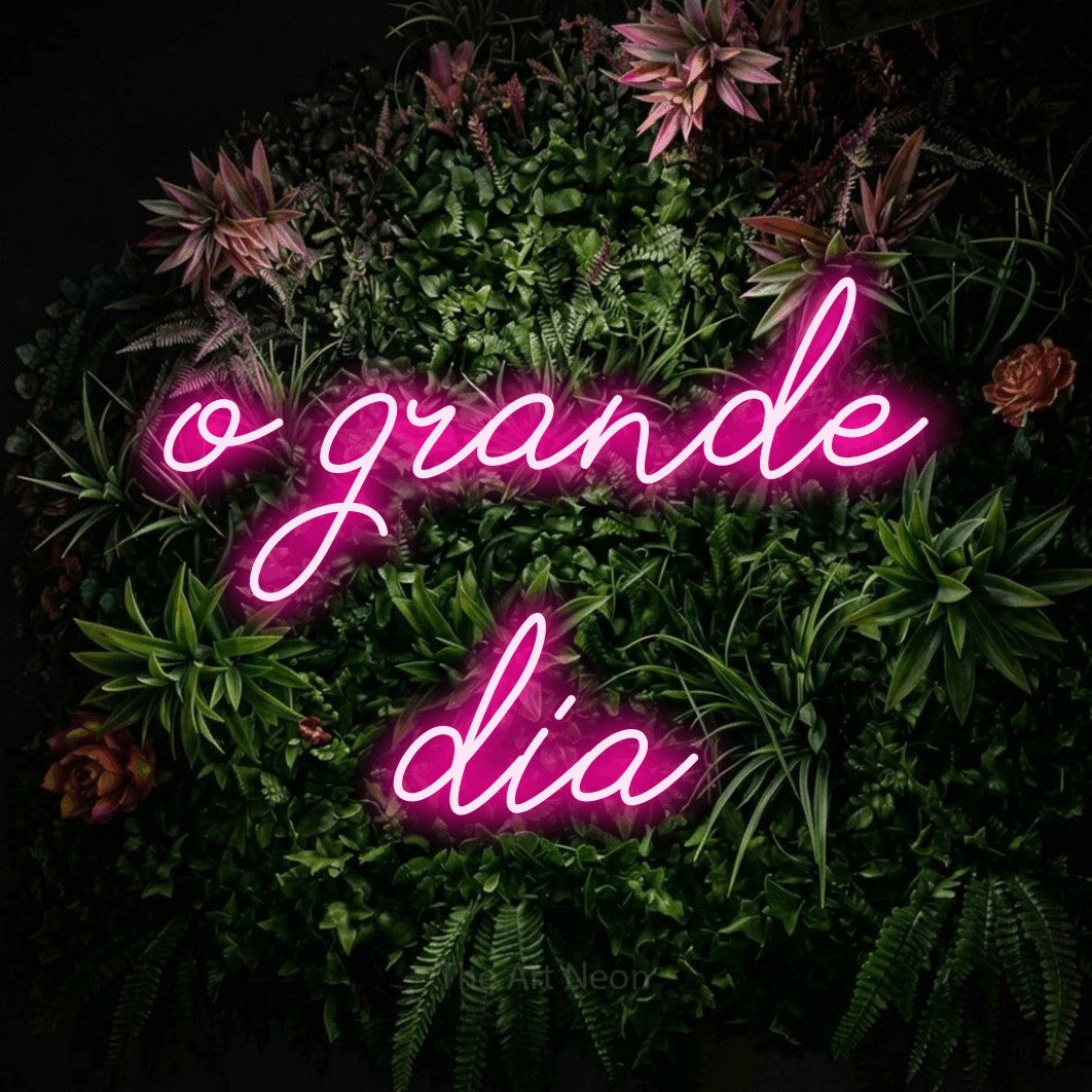 LED neon sign reading “o grande dia”, arranged in 2 lines.