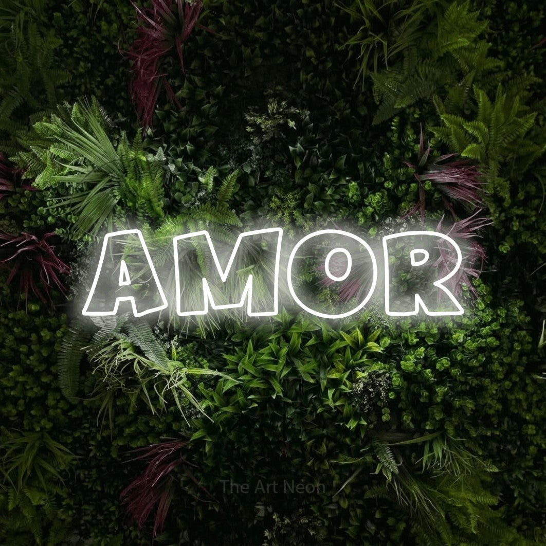 LED neon sign reading “Amor”, arranged in a single line.