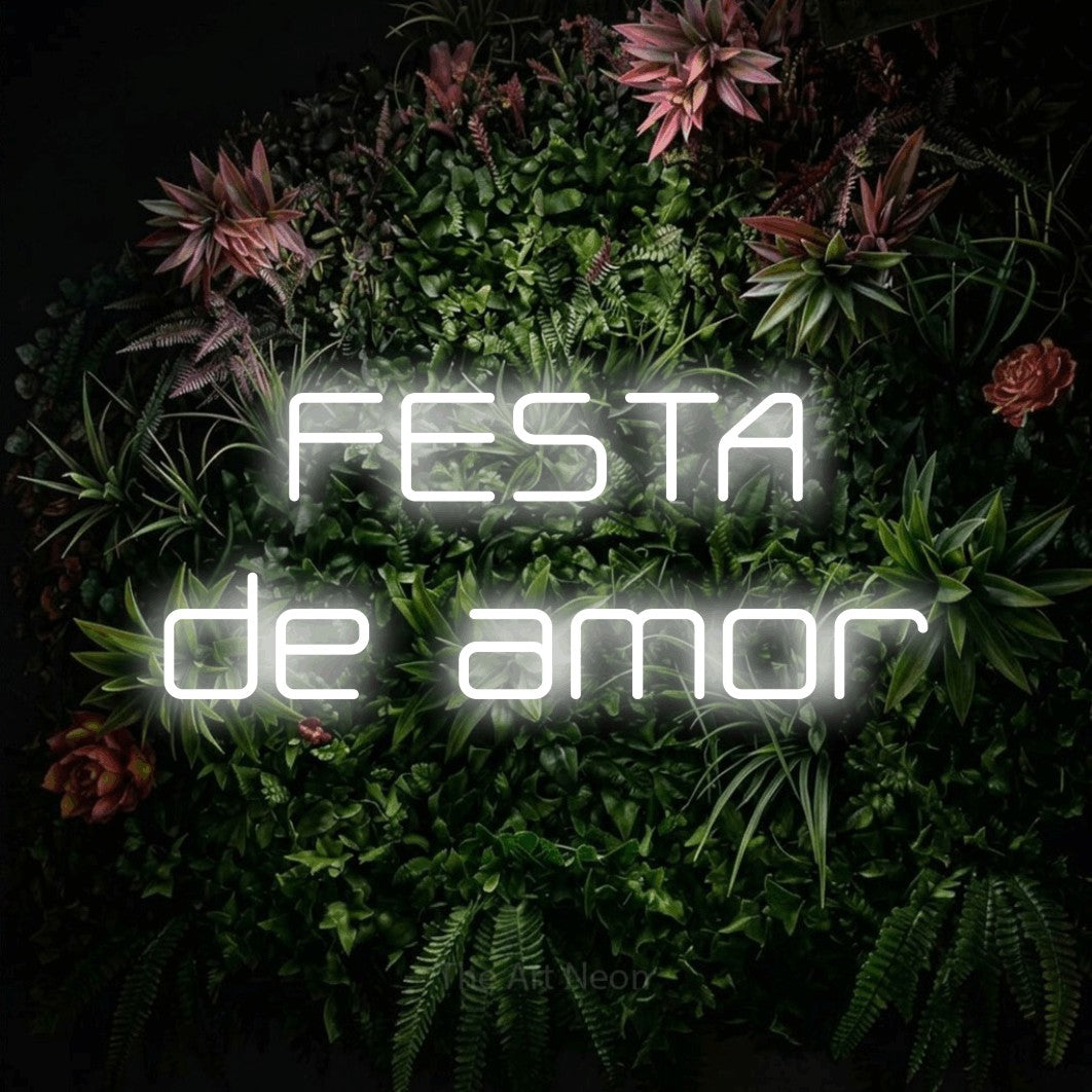 LED neon sign reading “FESTA de amor”, arranged in 2 lines.