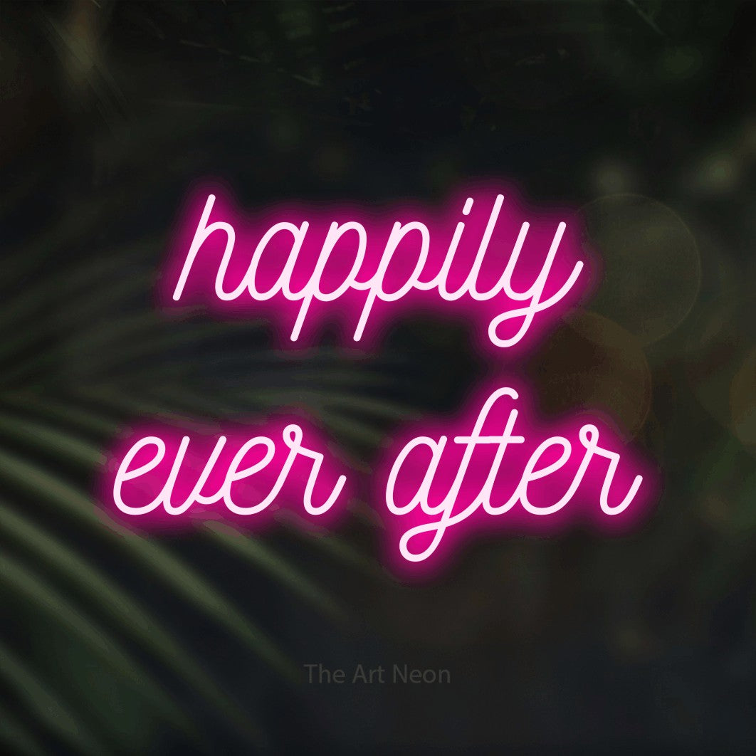 LED neon sign reading “happily ever after”, arranged in 2 lines.