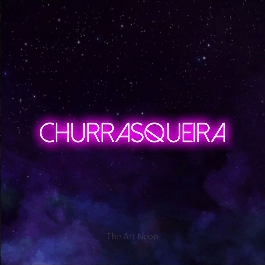 LED neon sign reading “churrasqueira”, arranged in a single line.