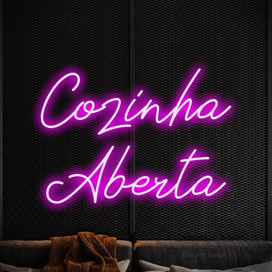LED neon sign reading “Cozinha Aberta”, arranged in 2 lines.