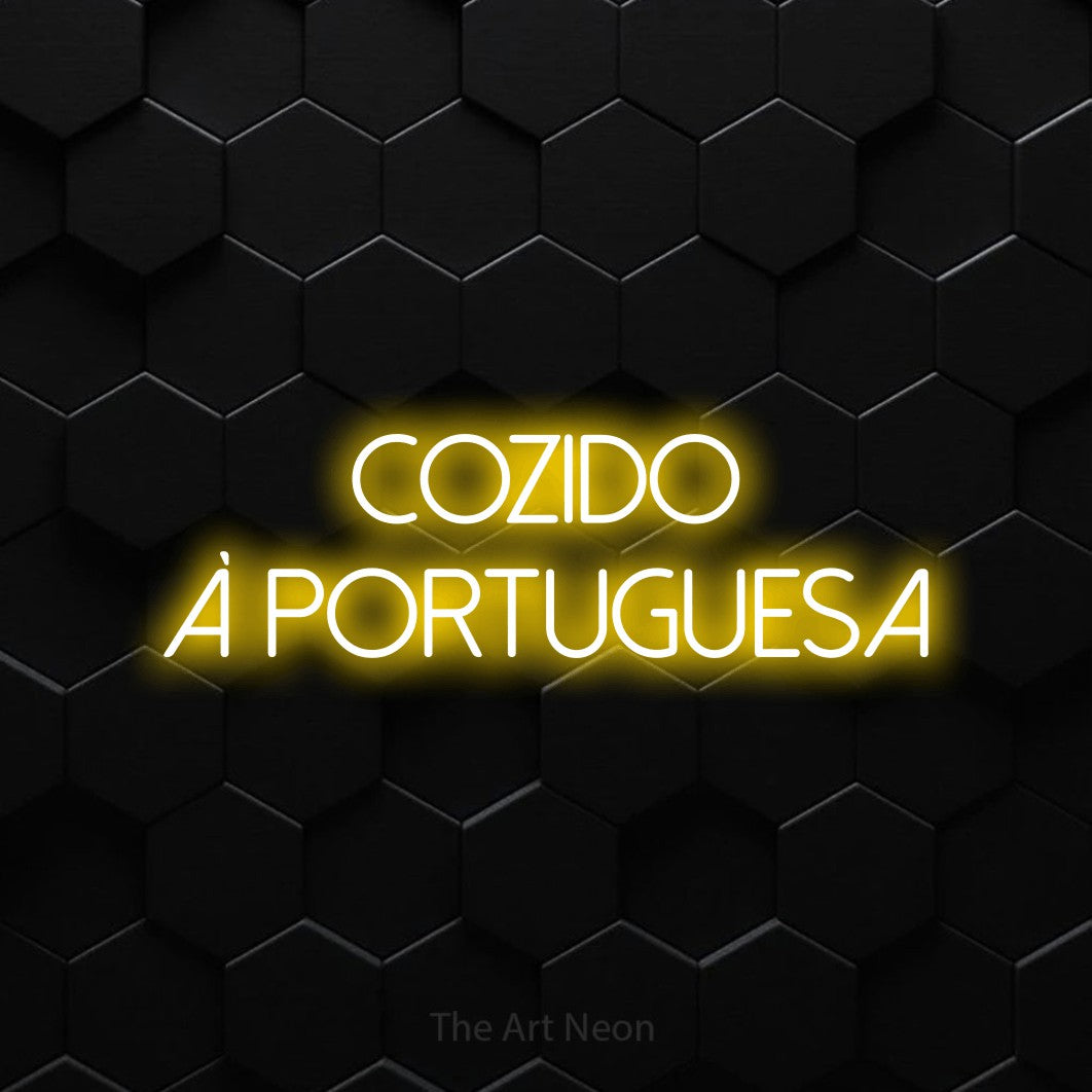 LED neon sign reading “Cozido à Portuguesa”, arranged in 2 lines.
