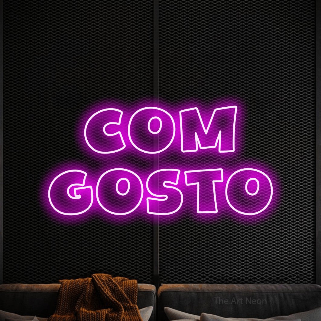 LED neon sign reading “COM GOSTO”, arranged in 2 lines.