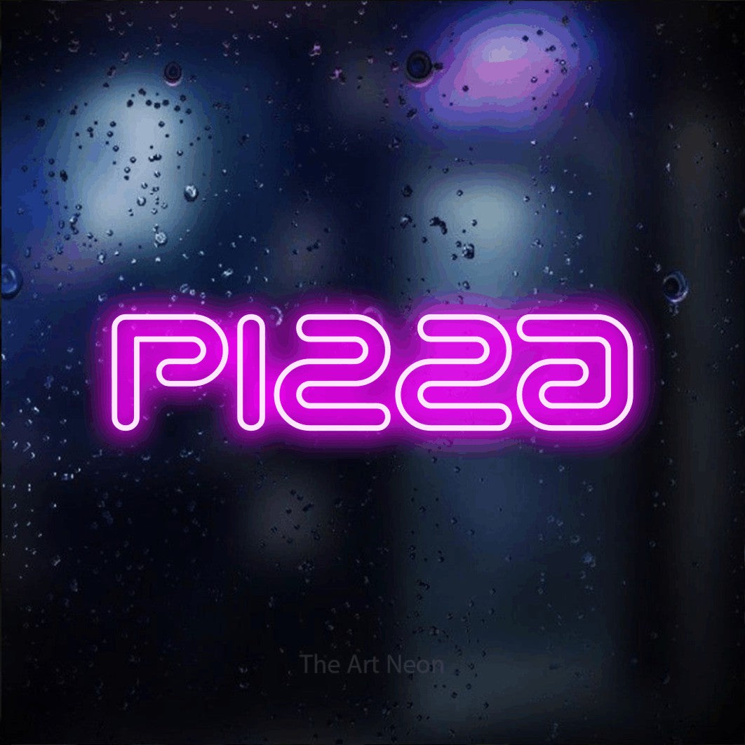 LED neon sign reading “pizza”, arranged in a single line.