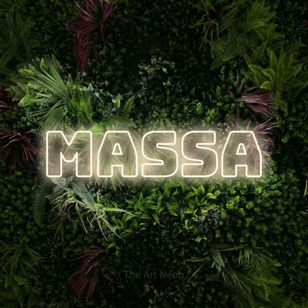 LED neon sign reading “Massa”, arranged in a single line.