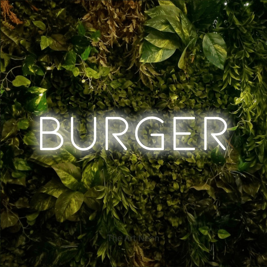 LED neon sign reading “Burger”, arranged in a single line.