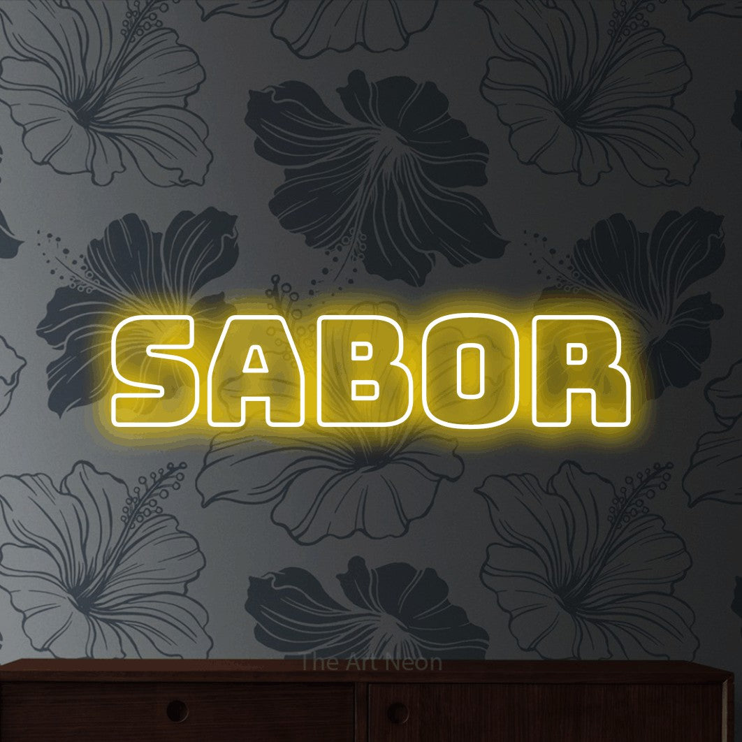 LED neon sign reading “Sabor”, arranged in a single line.