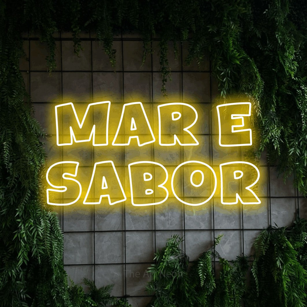 LED neon sign reading “Mar e Sabor”, arranged in 2 lines.
