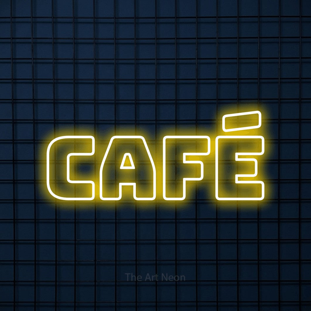 LED neon sign reading “Café”, arranged in a single line.