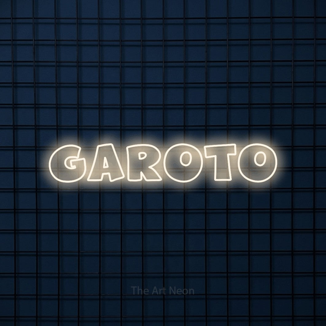 LED neon sign reading “garoto”, arranged in a single line.