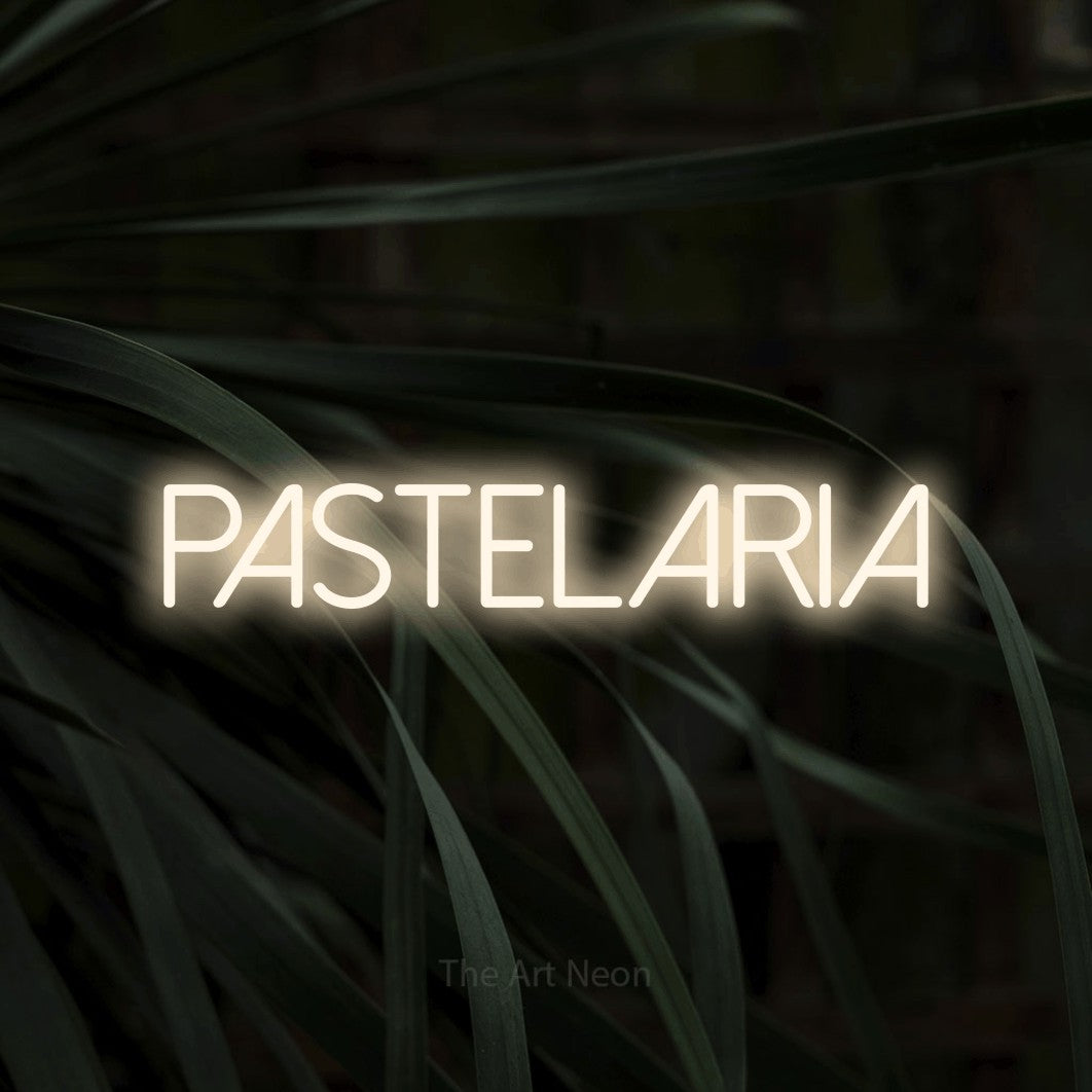 LED neon sign reading “PASTELARIA”, arranged in a single line.
