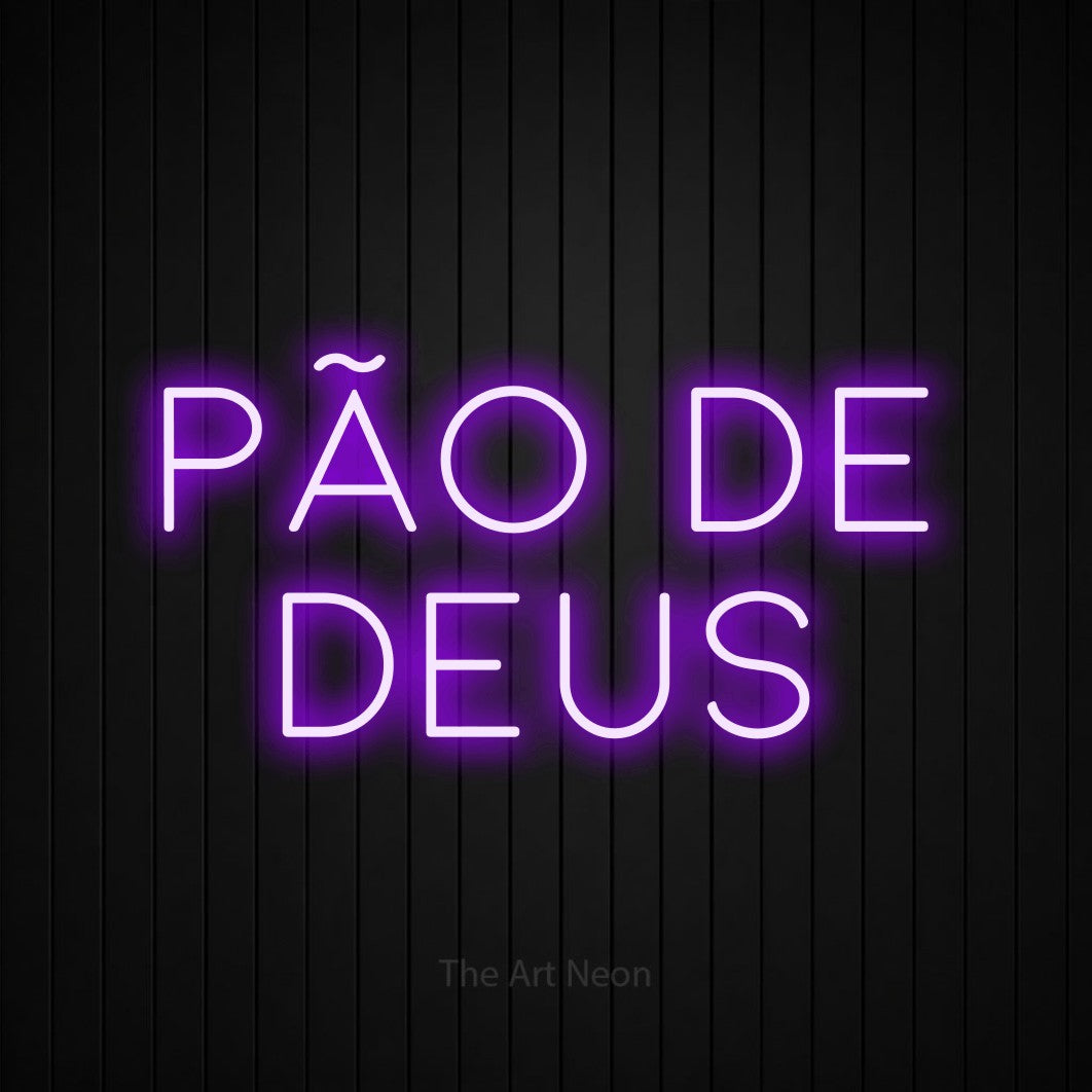 LED neon sign reading “Pão de Deus”, arranged in 2 lines.