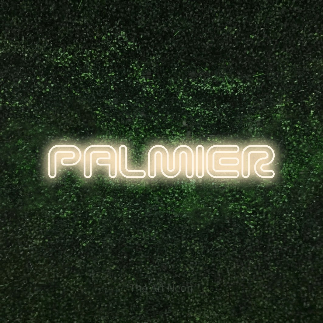 LED neon sign reading “PALMIER”, arranged in a single line.