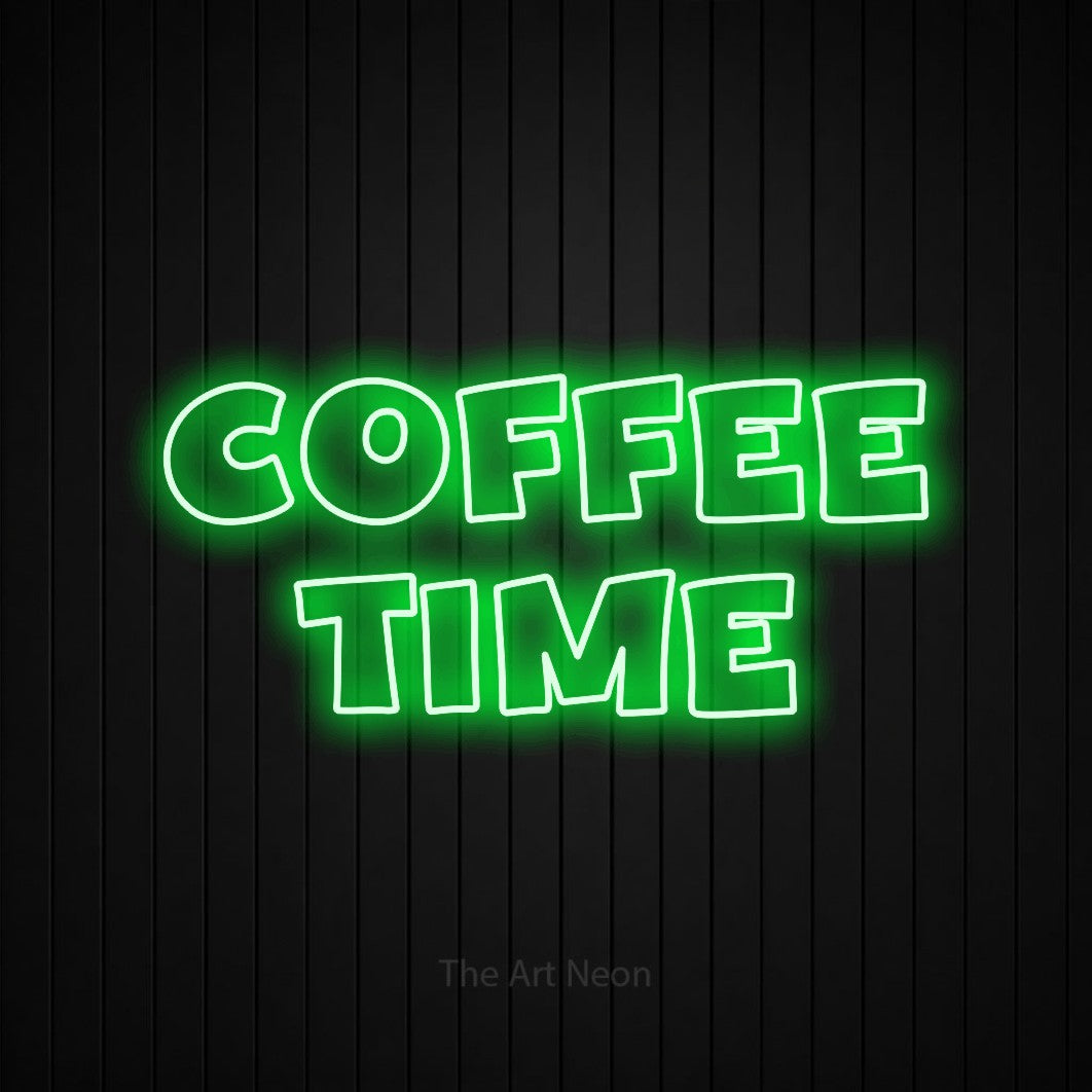LED neon sign reading “COFFEE time”, arranged in 2 lines.
