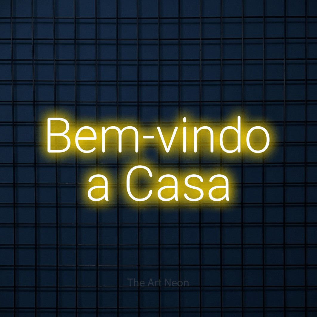 LED neon sign reading “Bem-vindo a Casa”, arranged in 2 lines.