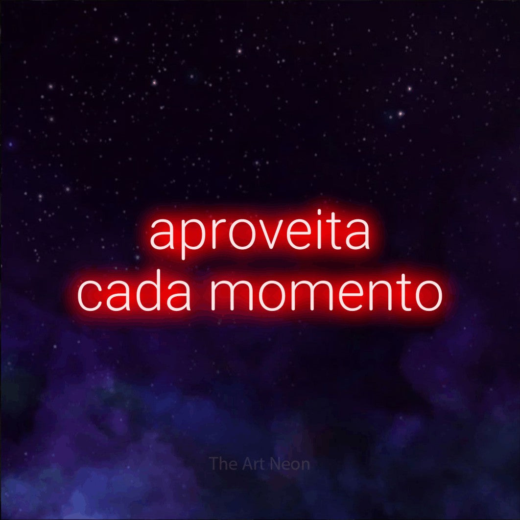 LED neon sign reading “aproveita cada momento”, arranged in 2 lines.