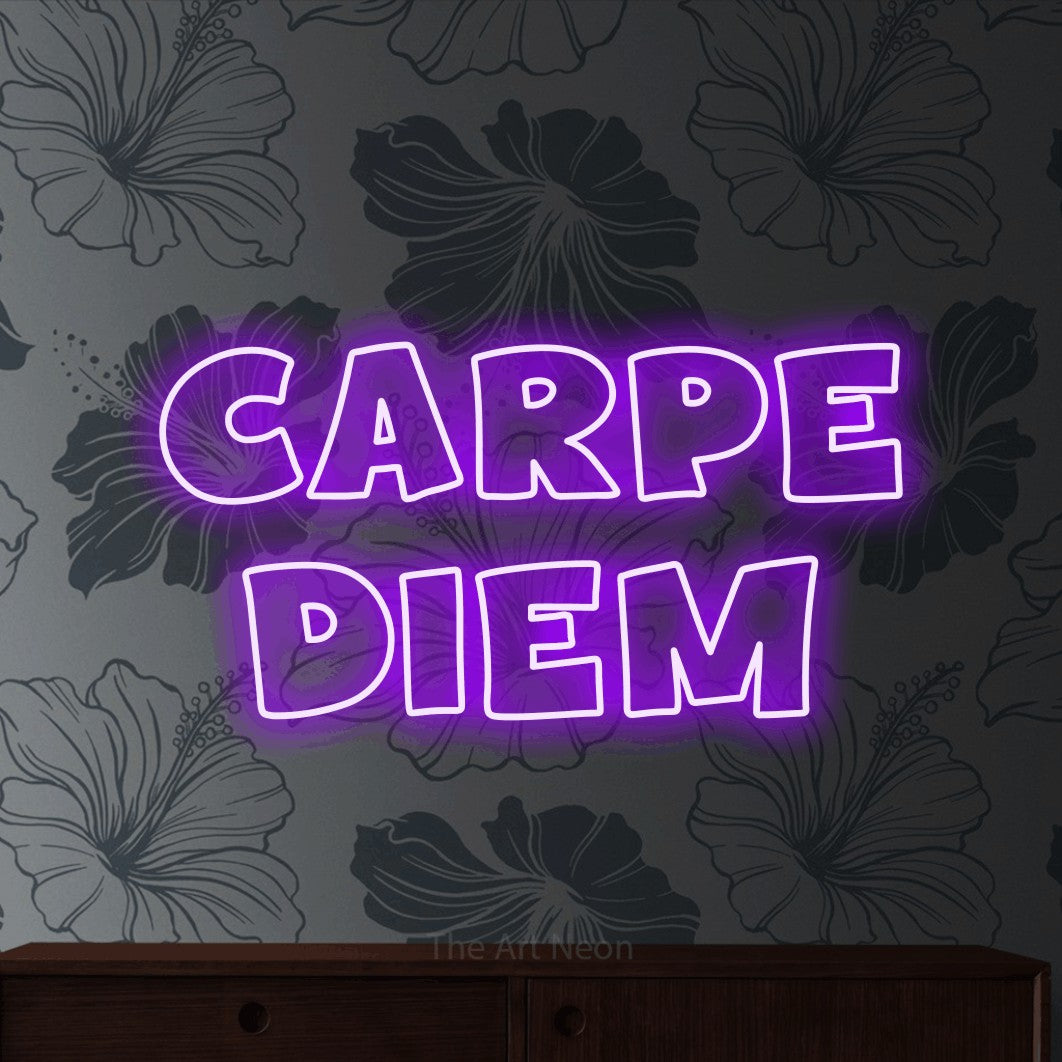 LED neon sign reading “Carpe Diem”, arranged in 2 lines.