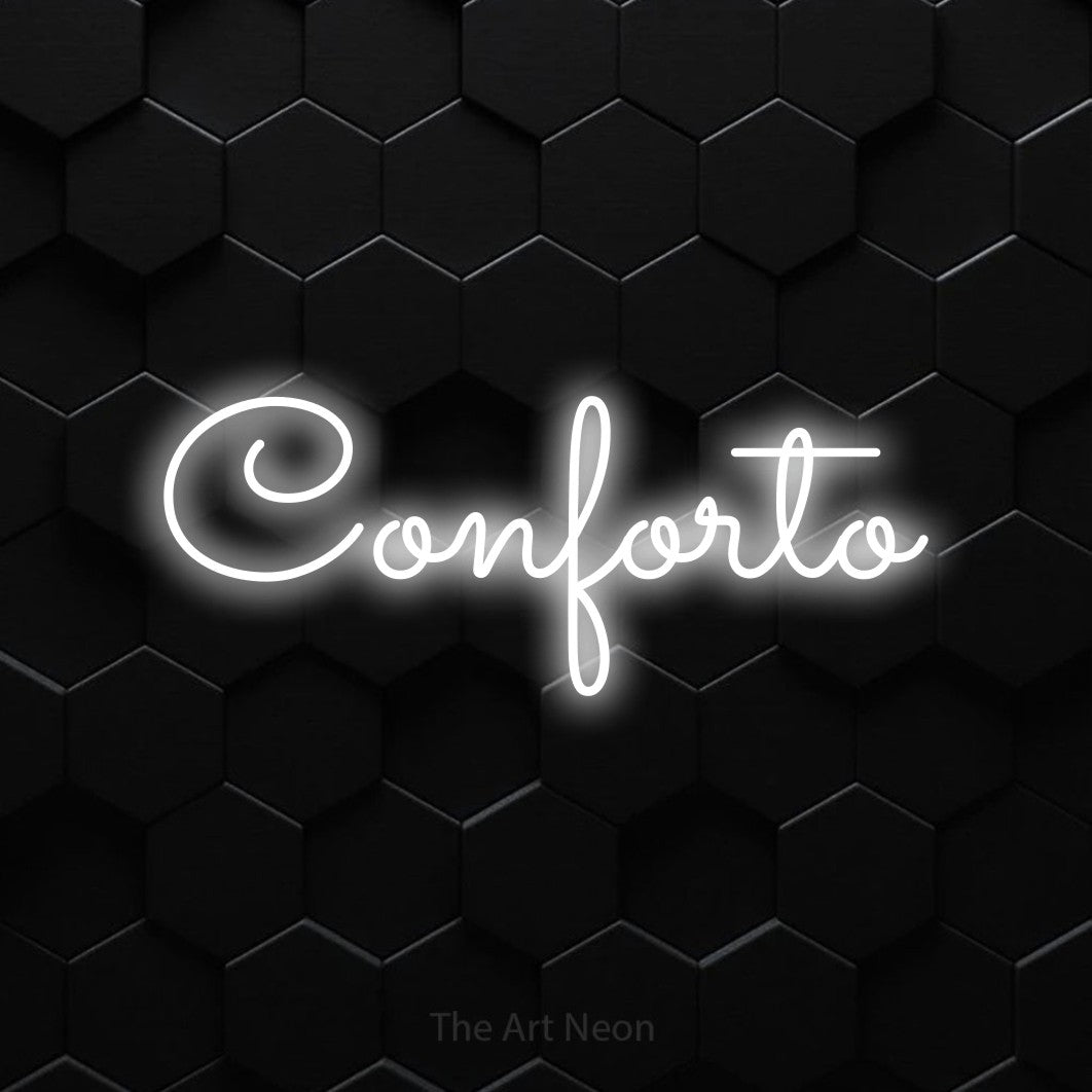 LED neon sign reading “Conforto”, arranged in a single line.