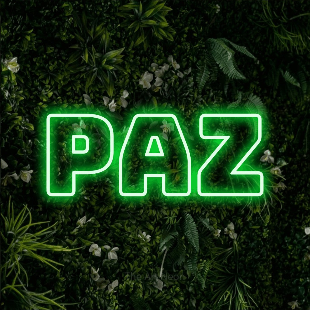 LED neon sign reading “paz”, arranged in a single line.