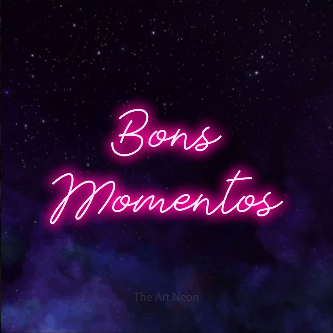LED neon sign reading “Bons Momentos”, arranged in 2 lines.