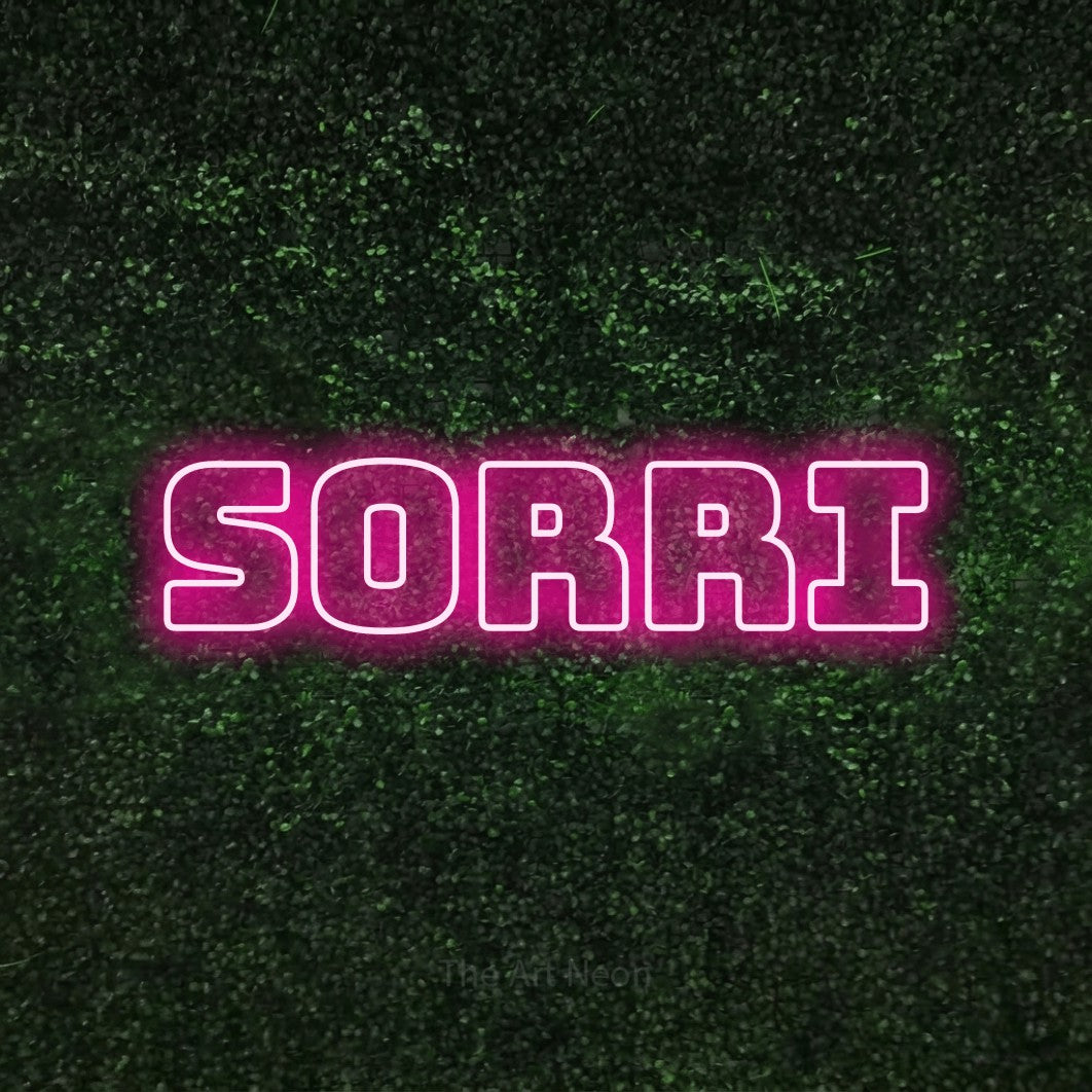 LED neon sign reading “sorri”, arranged in a single line.