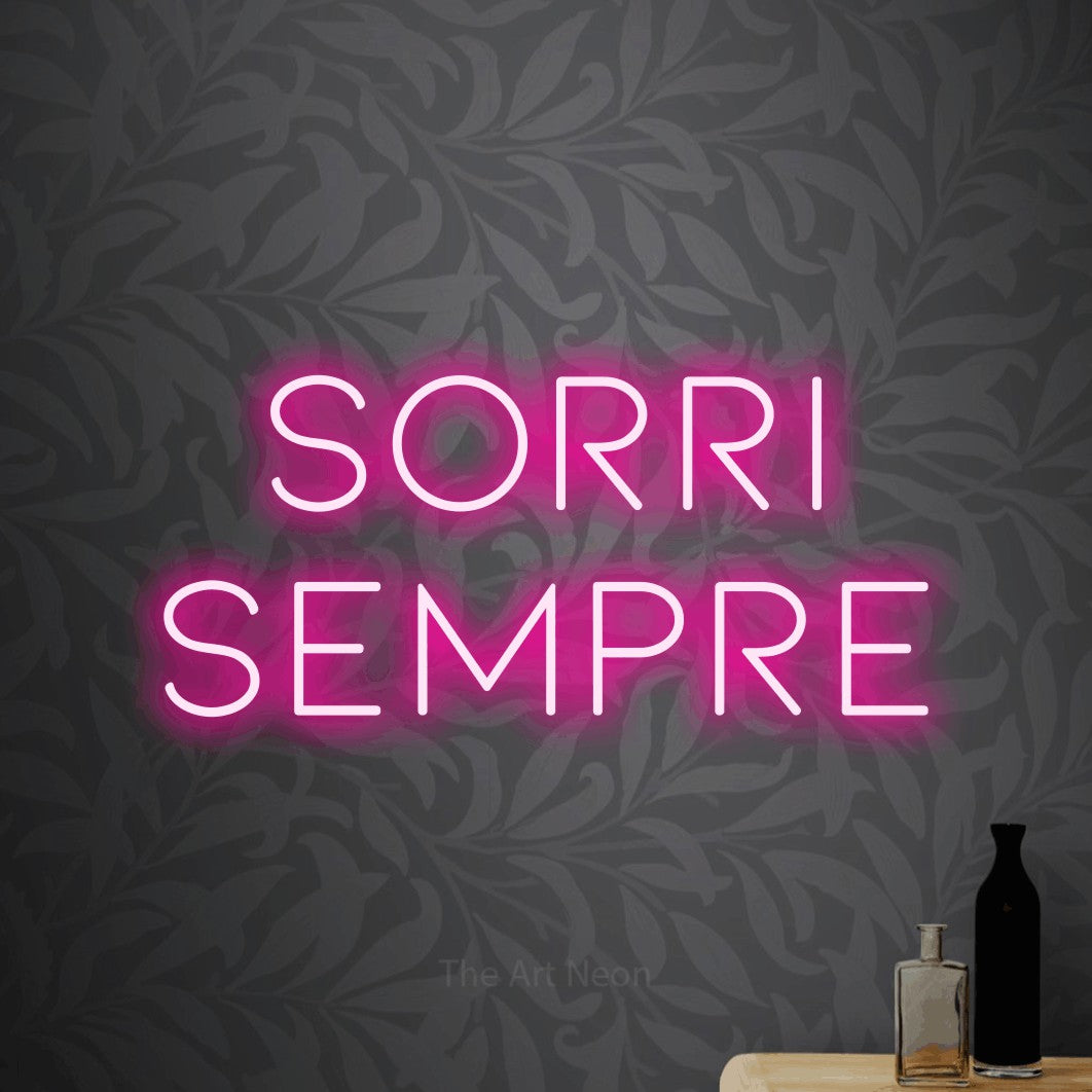 LED neon sign reading “SORRI SEMPRE”, arranged in 2 lines.