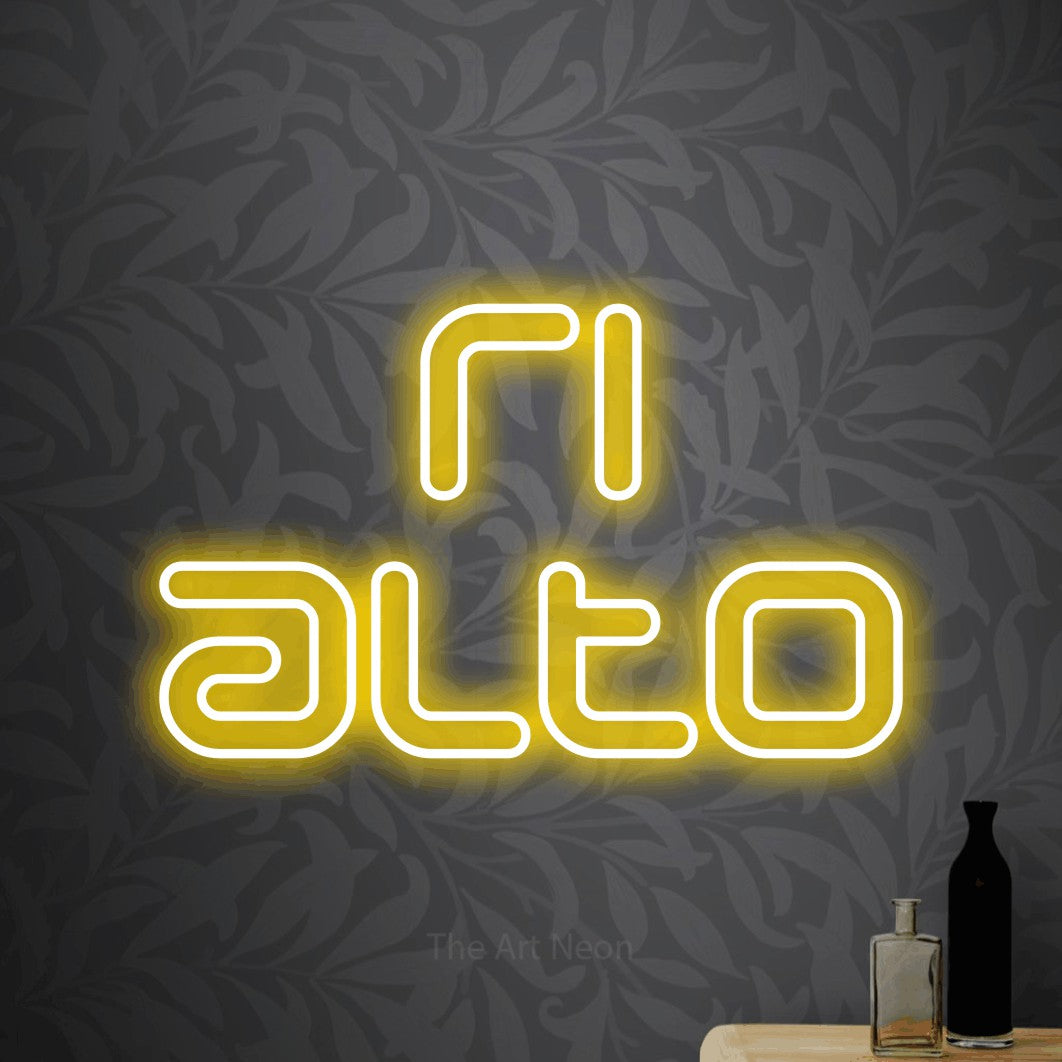 LED neon sign reading “ri alto”, arranged in 2 lines.