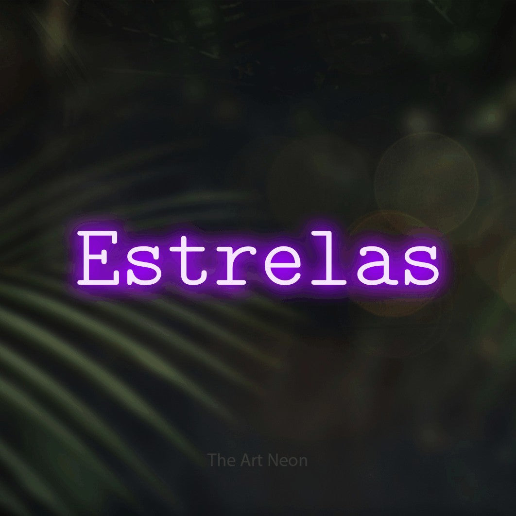LED neon sign reading “Estrelas”, arranged in a single line.