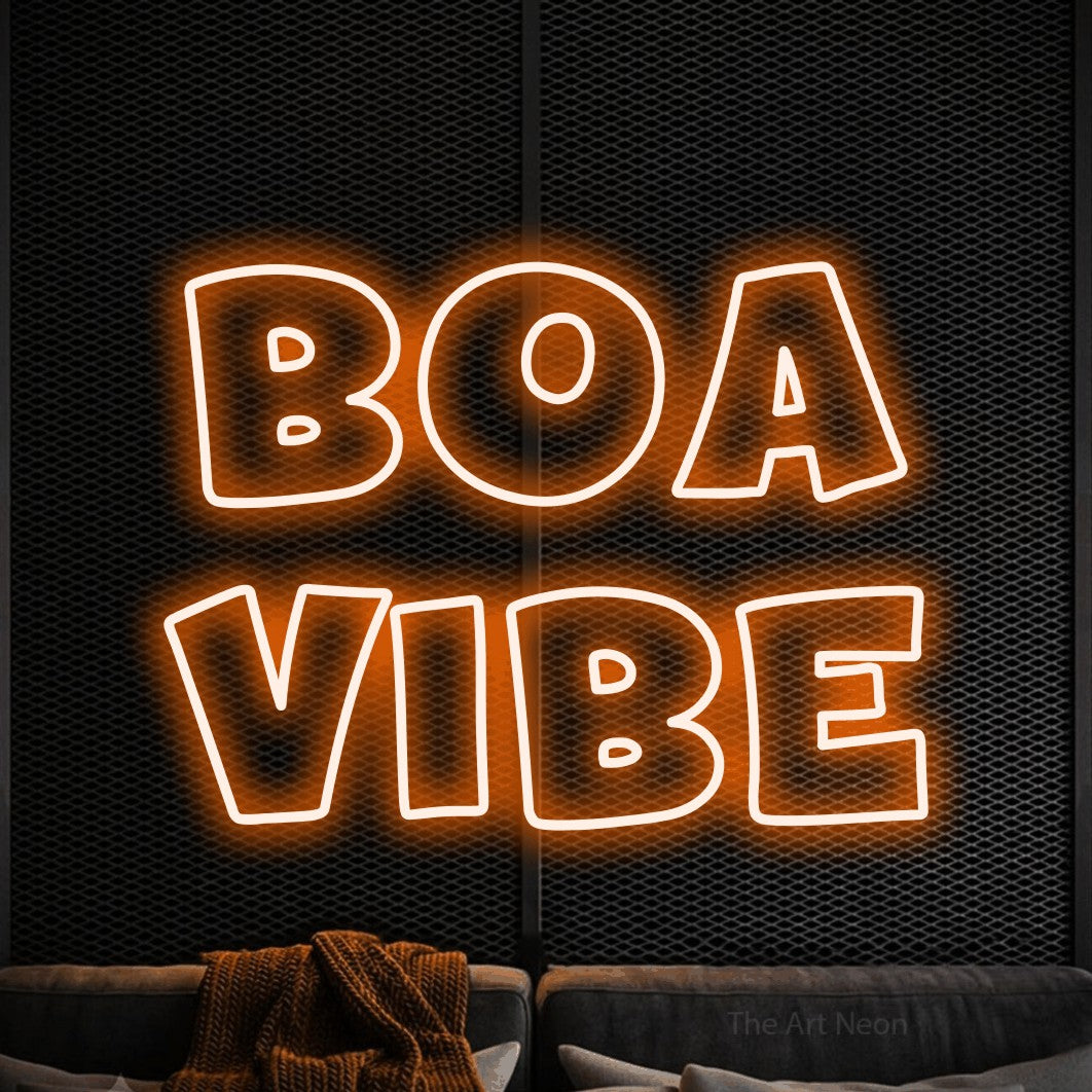 LED neon sign reading “Boa Vibe”, arranged in 2 lines.