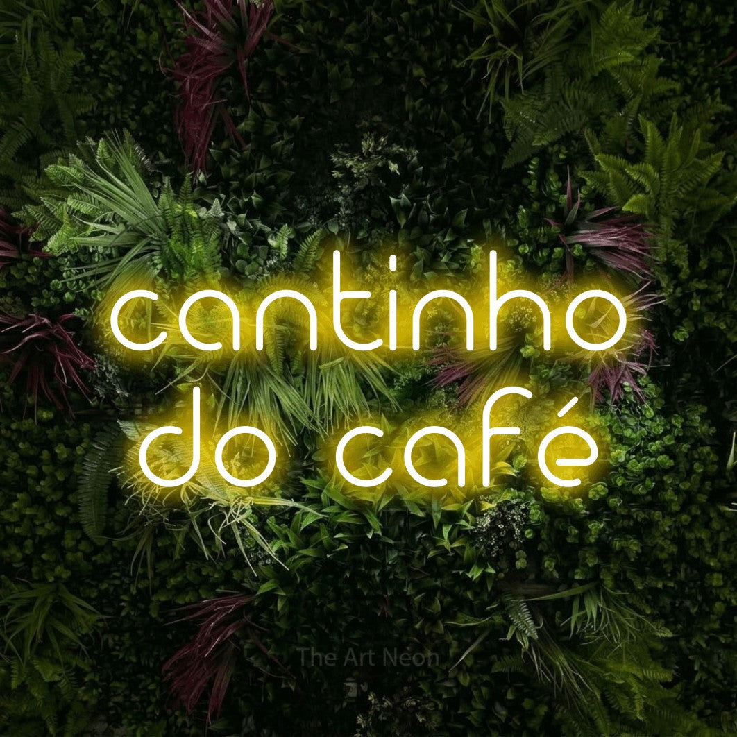 LED neon sign reading “cantinho do café”, arranged in 2 lines.