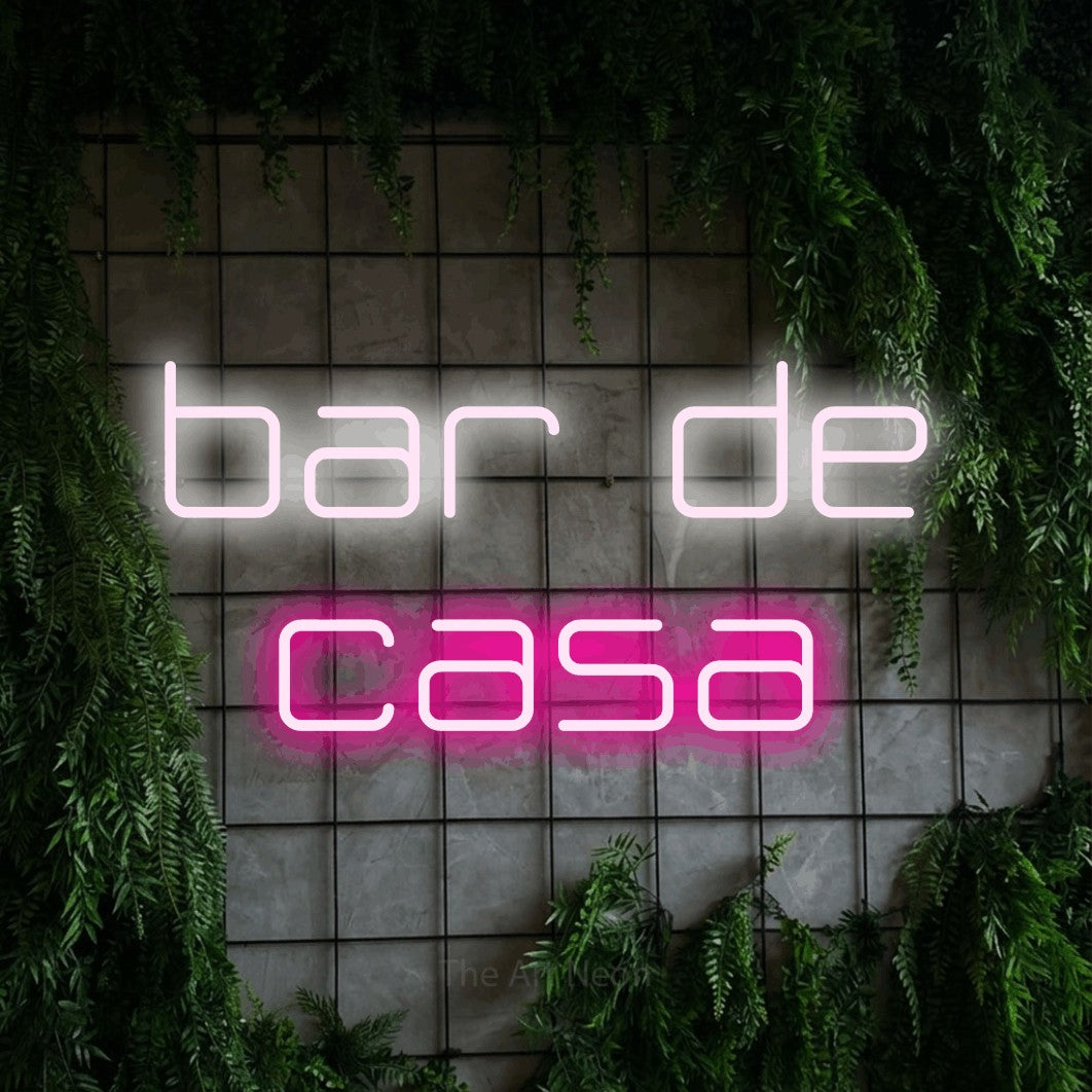 LED neon sign reading “bar de casa”, arranged in 2 lines.