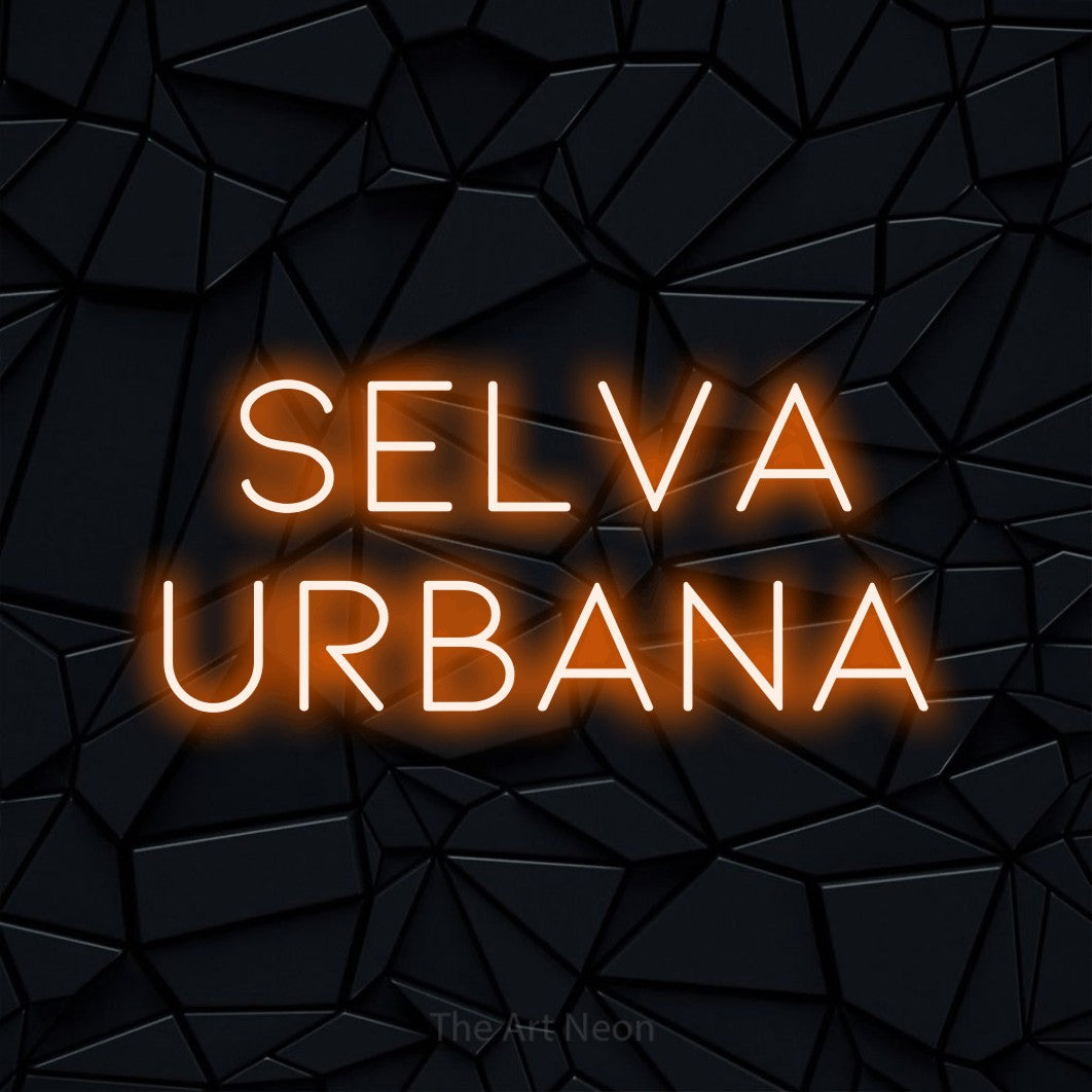 LED neon sign reading “selva urbana”, arranged in 2 lines.