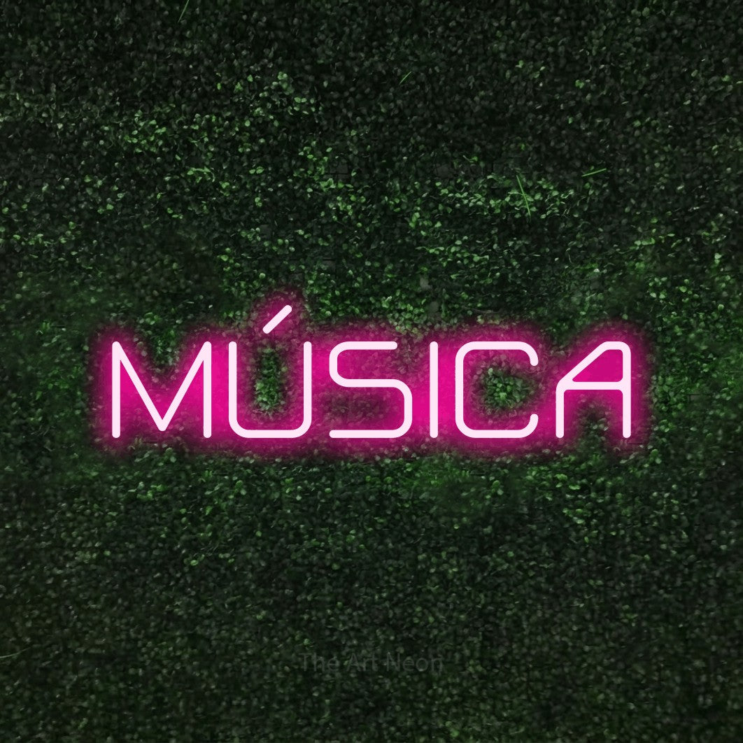 LED neon sign reading “MÚSICA”, arranged in a single line.