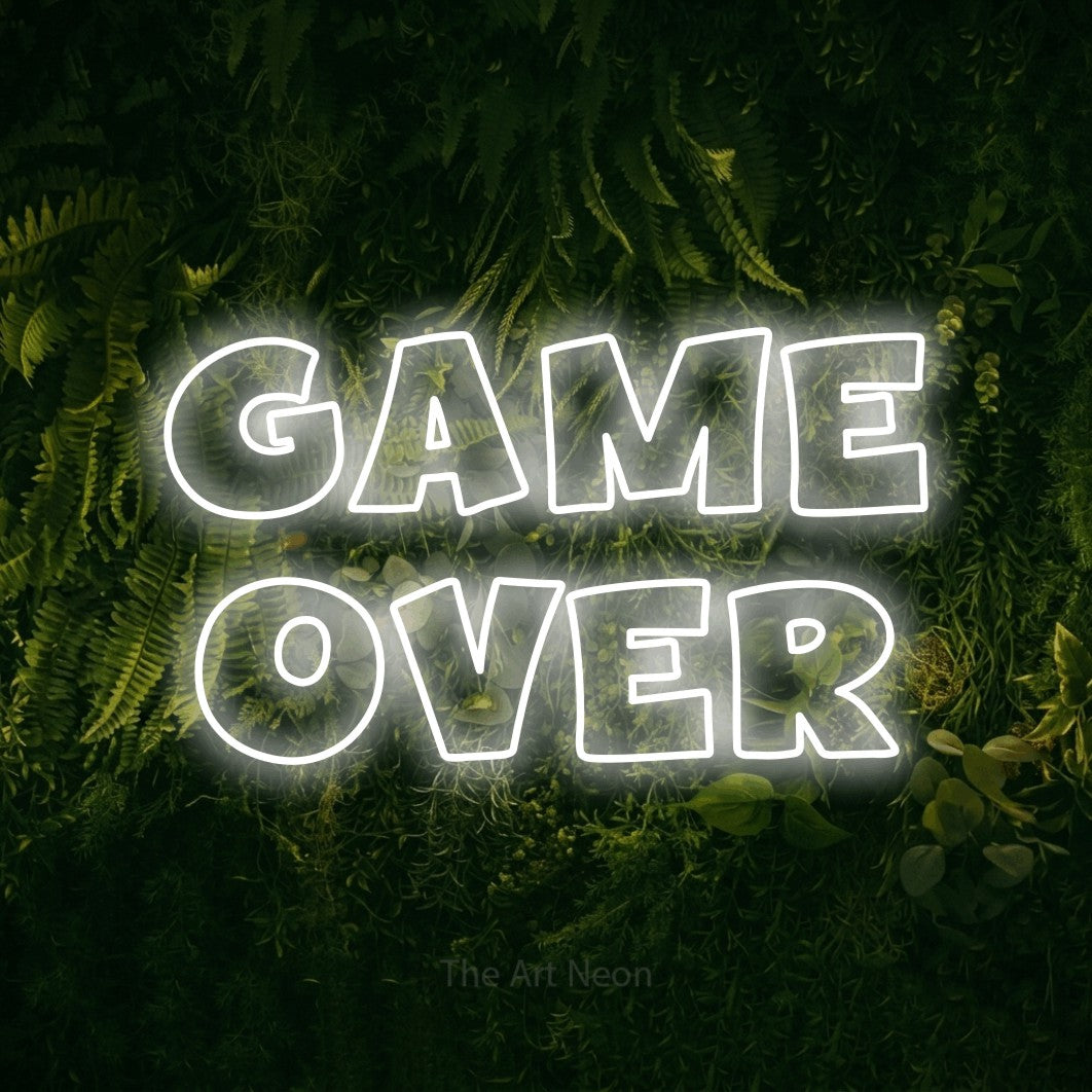 LED neon sign reading “GAME OVER”, arranged in 2 lines.