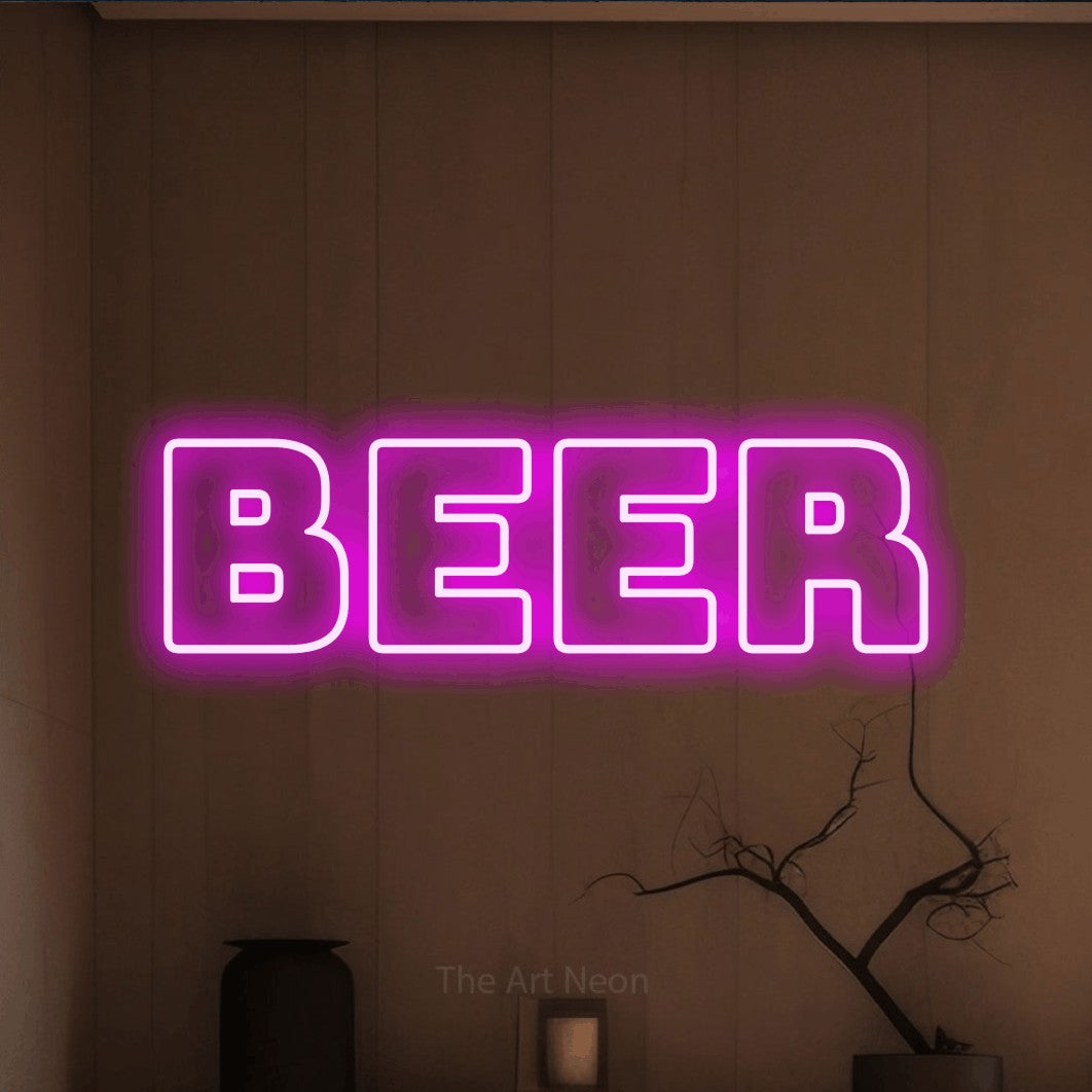 LED neon sign reading “BEER”, arranged in a single line.