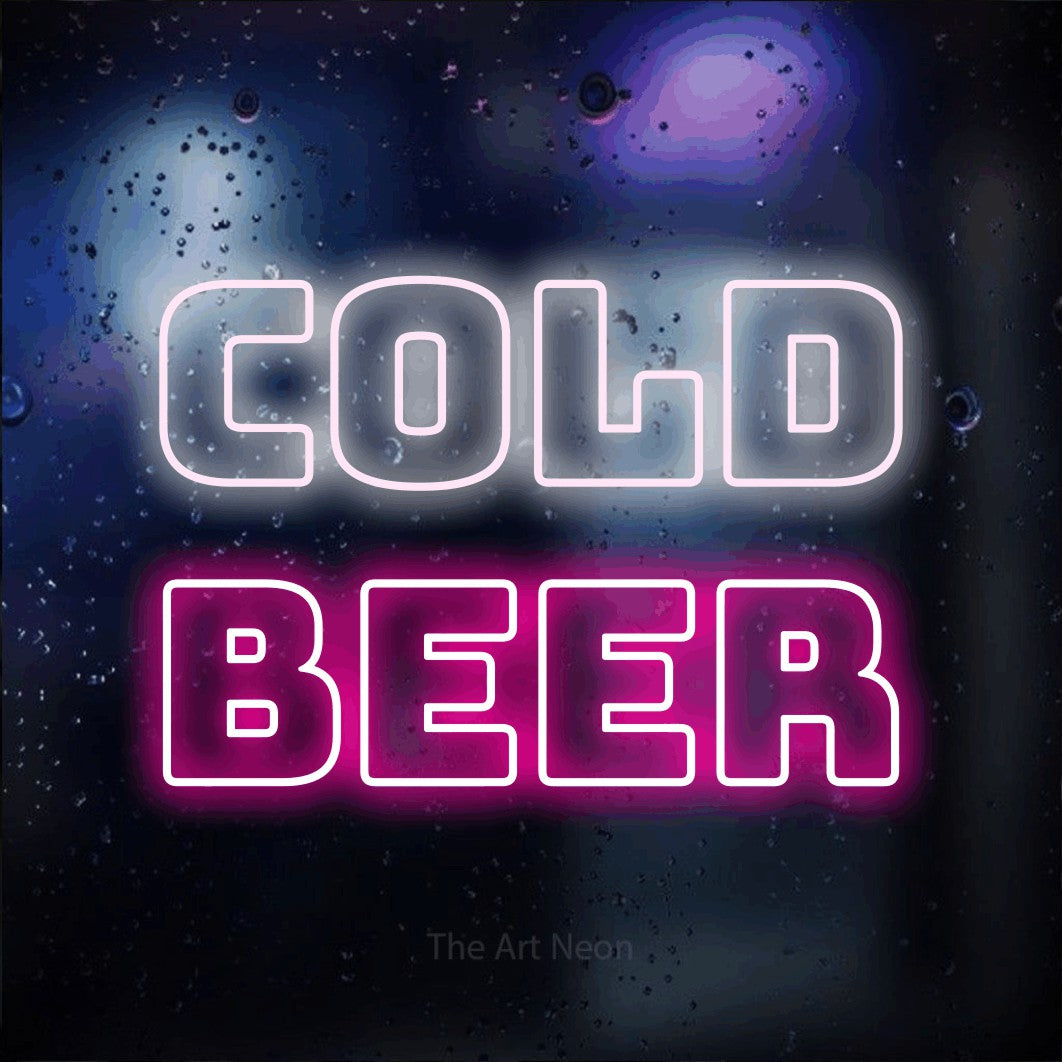 LED neon sign reading “Cold Beer”, arranged in 2 lines.