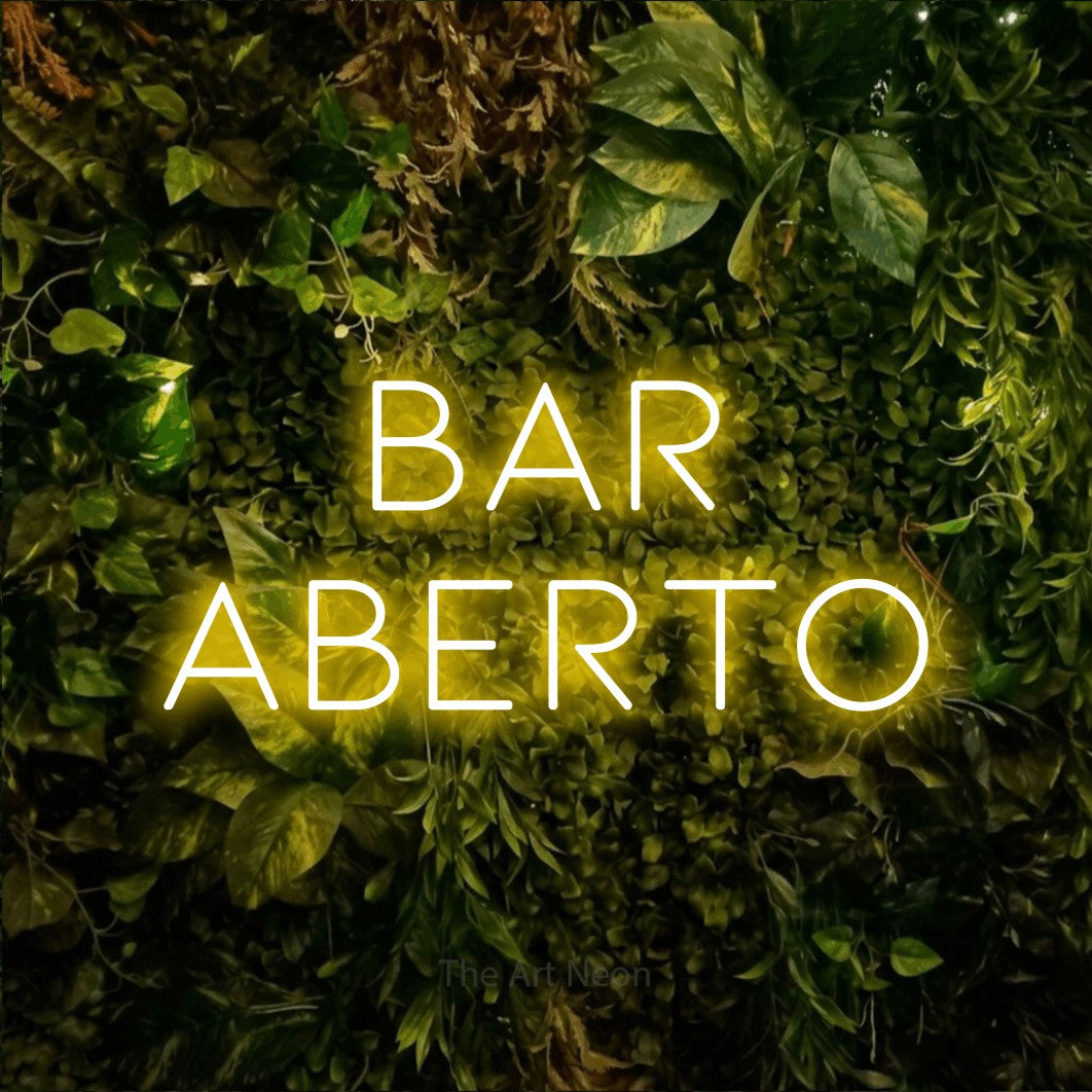 LED neon sign reading “Bar Aberto”, arranged in 2 lines.