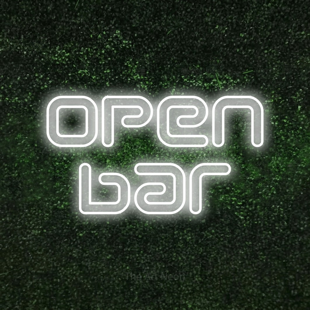 LED neon sign reading “Open bar”, arranged in 2 lines.
