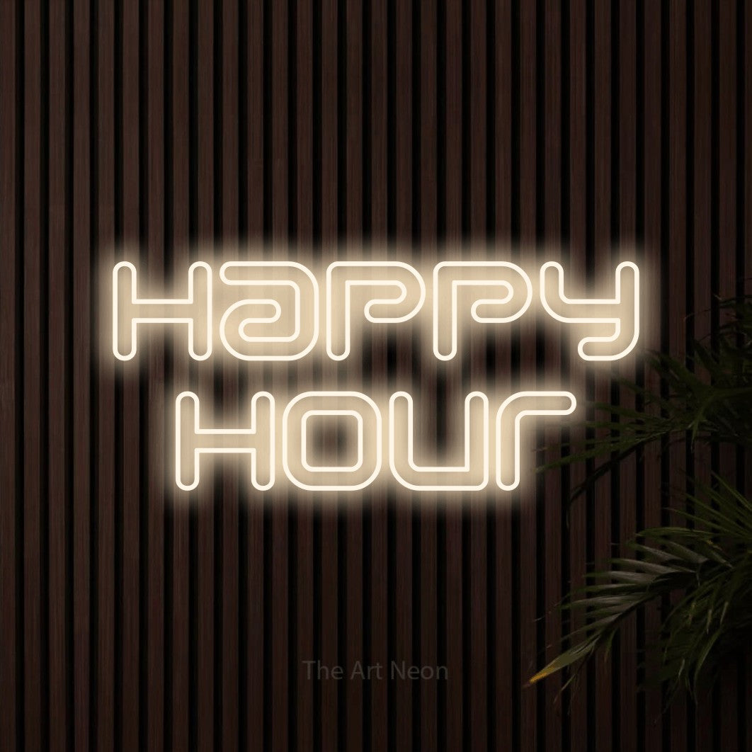 LED neon sign reading “Happy Hour”, arranged in 2 lines.