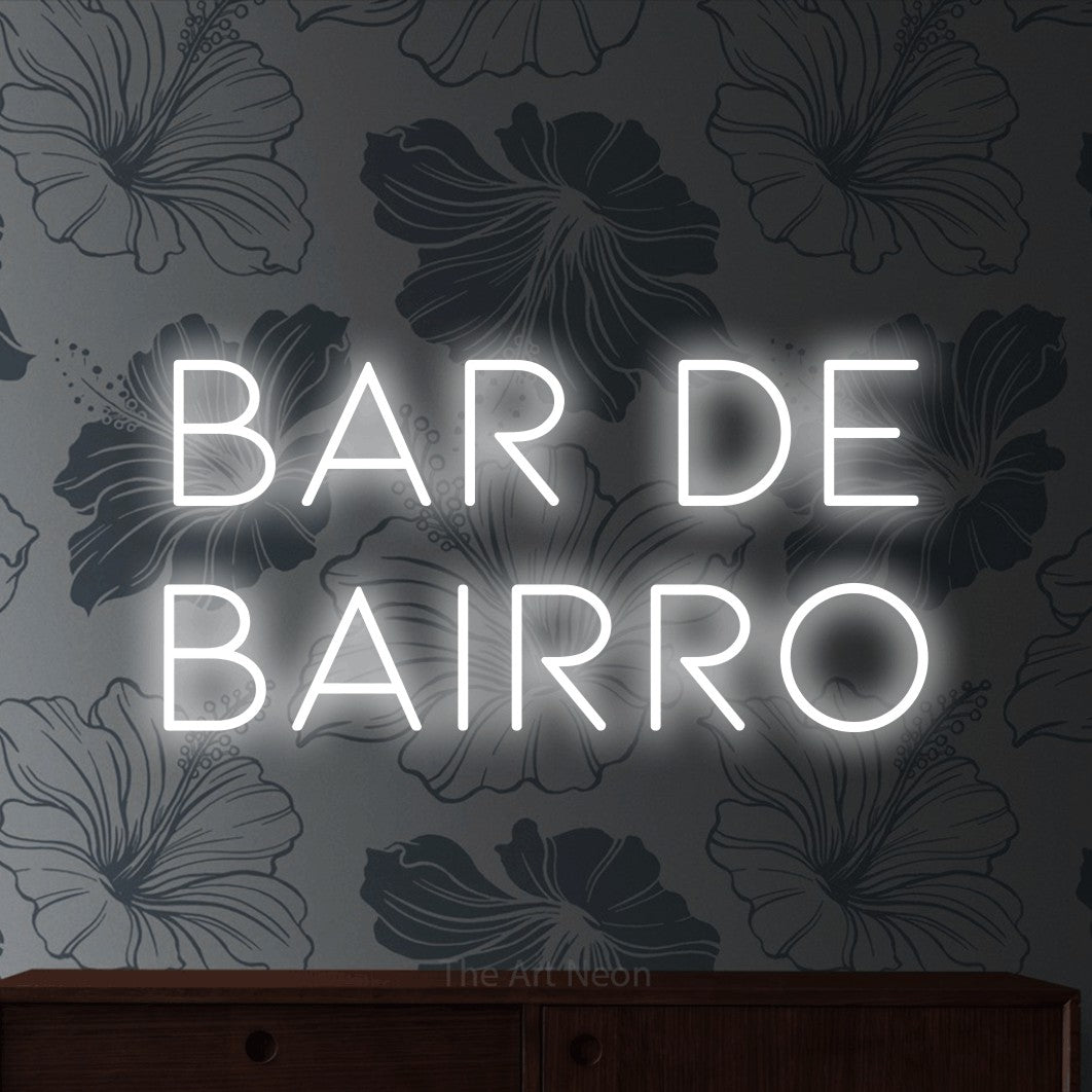 LED neon sign reading “Bar de Bairro”, arranged in 2 lines.