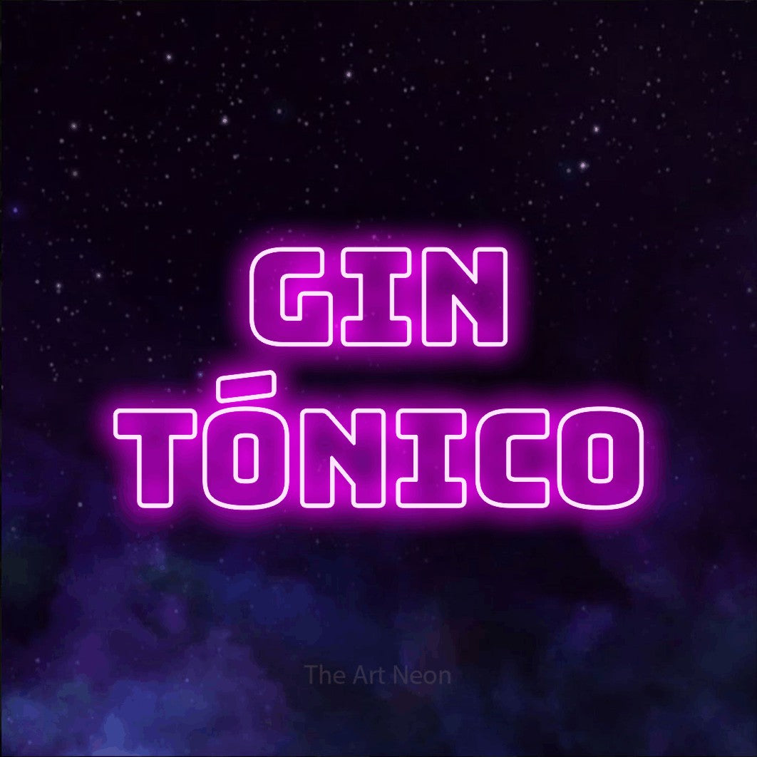 LED neon sign reading “gin tónico”, arranged in 2 lines.