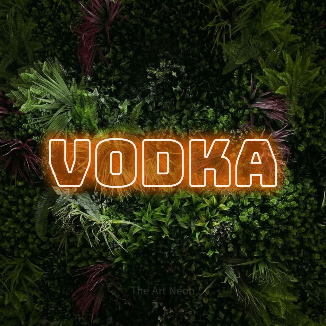 LED neon sign reading “Vodka”, arranged in a single line.