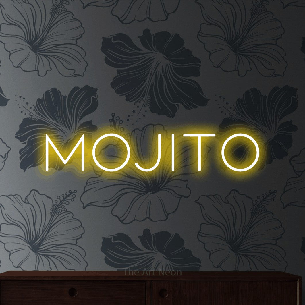 LED neon sign reading “MOJITO”, arranged in a single line.