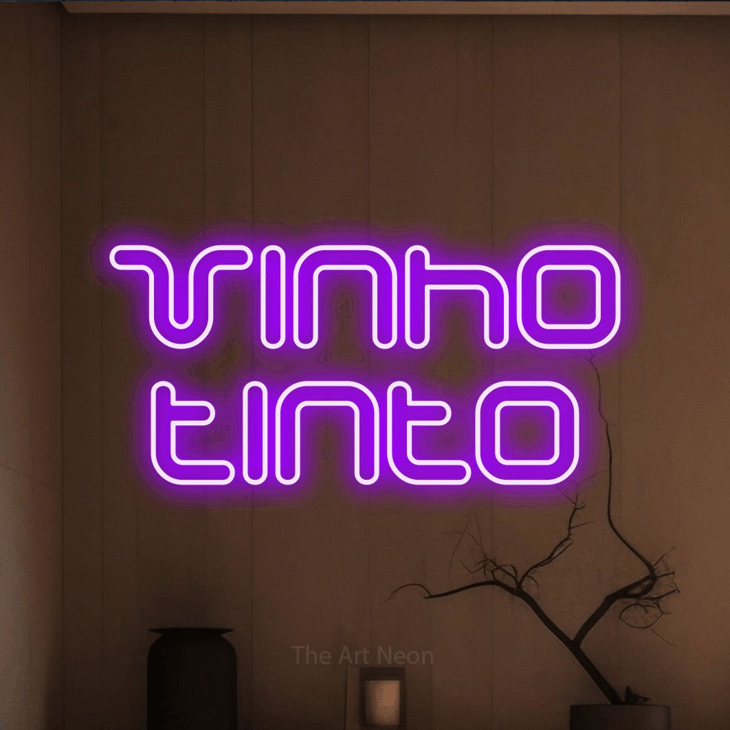 LED neon sign reading “Vinho tinto”, arranged in 2 lines.