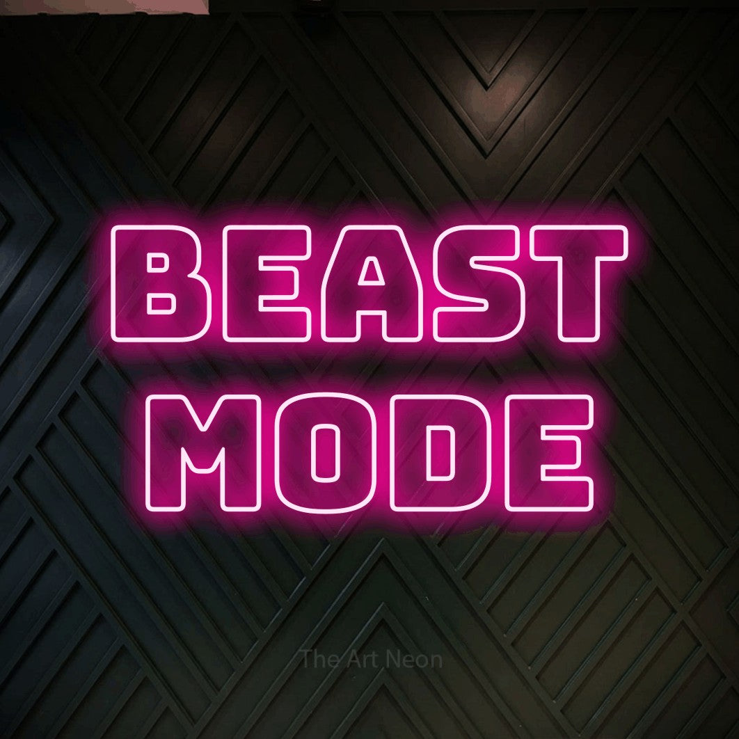 LED neon sign reading “Beast Mode”, arranged in 2 lines.